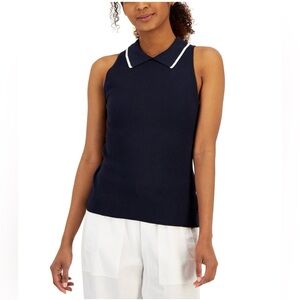 Tommy Hilfiger Women’s Navy Blue Ribbed Sleeveless Collared Knit Top Size XS